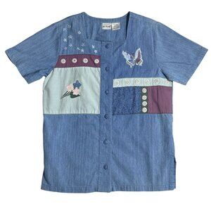 TWO TWENTY Top Womens M Blue Patchwork Short Sleeve Button Embroidered Floral